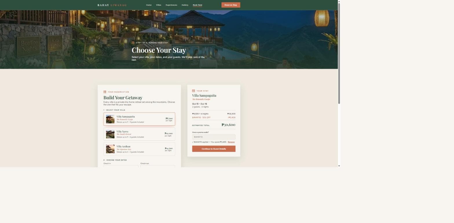 Booking Details page with Villa Sampaguita selected, dates and guest count set, and the BAHAY10 promo code applied showing a discounted total