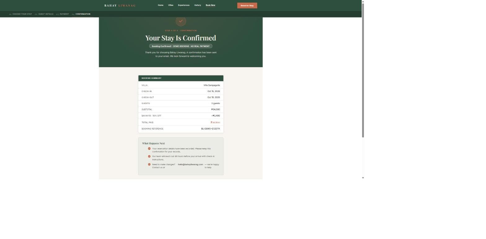 Confirmation page reading Your Stay Is Confirmed, badged Booking Confirmed! - Demo Booking - No Real Payment, with a full booking summary and demo booking reference