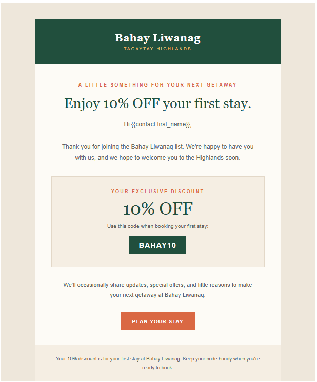 10% Off Welcome email delivering the BAHAY10 promo code to a new lead