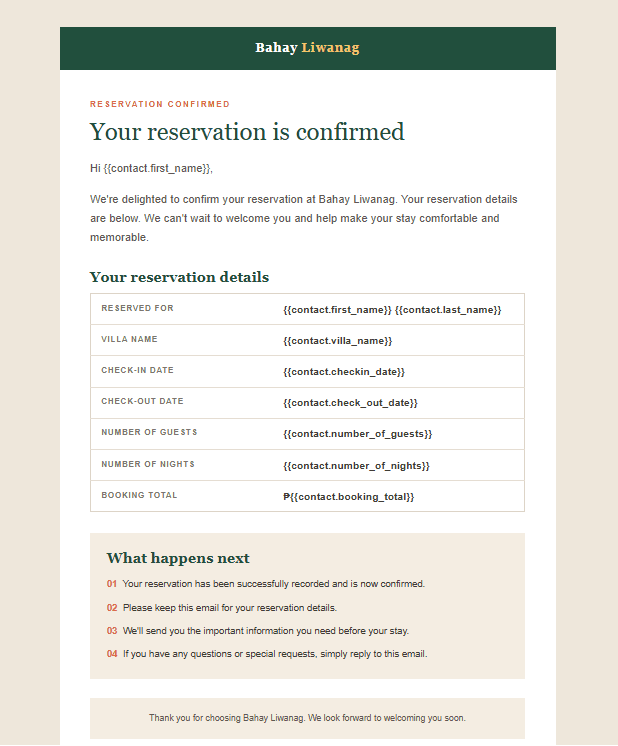 Booking Confirmation email showing reservation details merged from contact fields