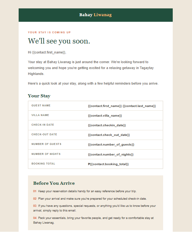 Pre-Arrival email reminding the guest of their upcoming stay details