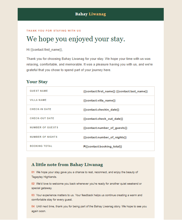 Thank You email sent after a guest's stay is marked completed