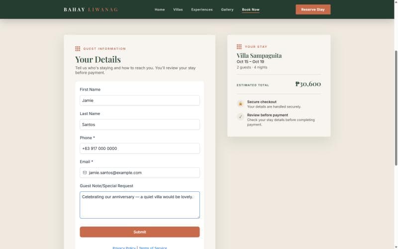Guest Details step — a native GHL form collecting first name, last name, phone, email, and a guest note, with the reservation summary alongside