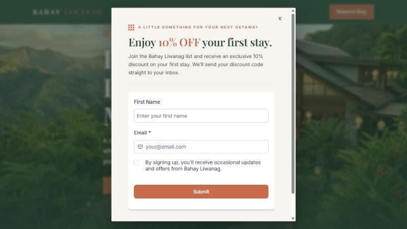 Bahay Liwanag lead-generation popup offering 10% off a first stay, with First Name and Email fields