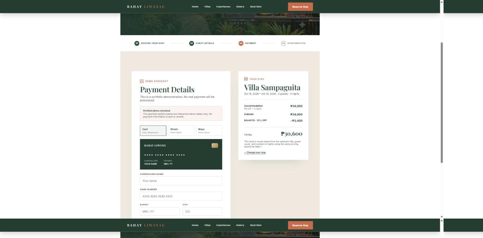 Demo Payment step showing a card-entry form with GCash and Maya options, a portfolio-demo disclaimer, and the recalculated stay total with BAHAY10 applied