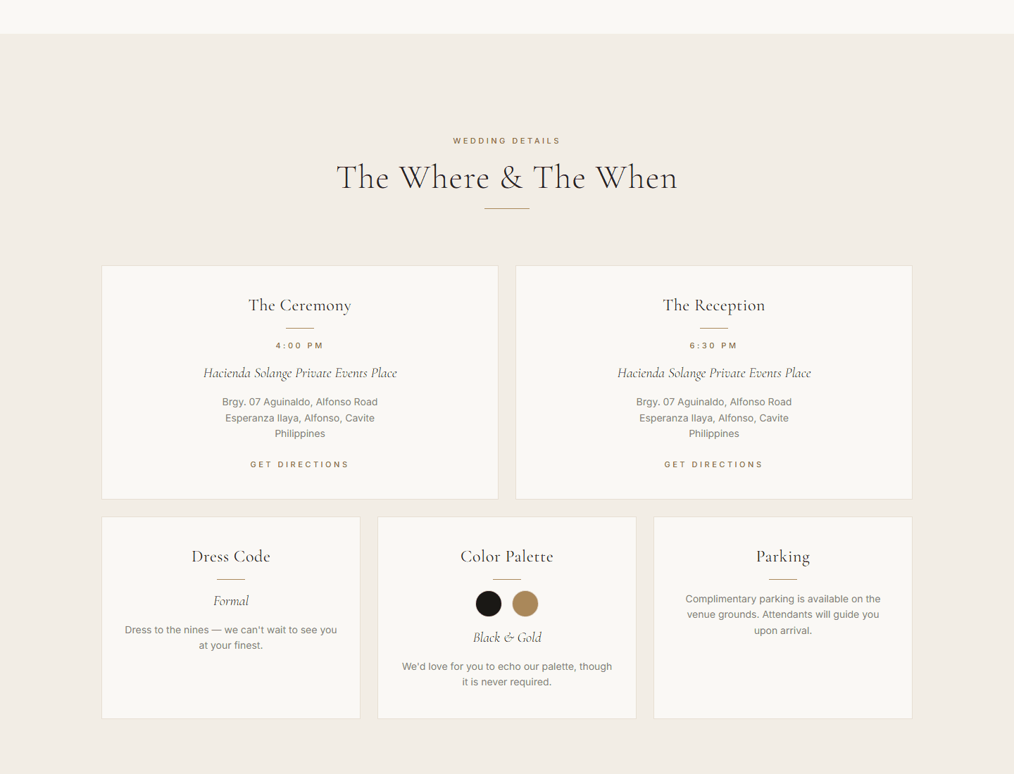 Wedding details — ceremony and reception cards with times, venue, directions, dress code, and palette
