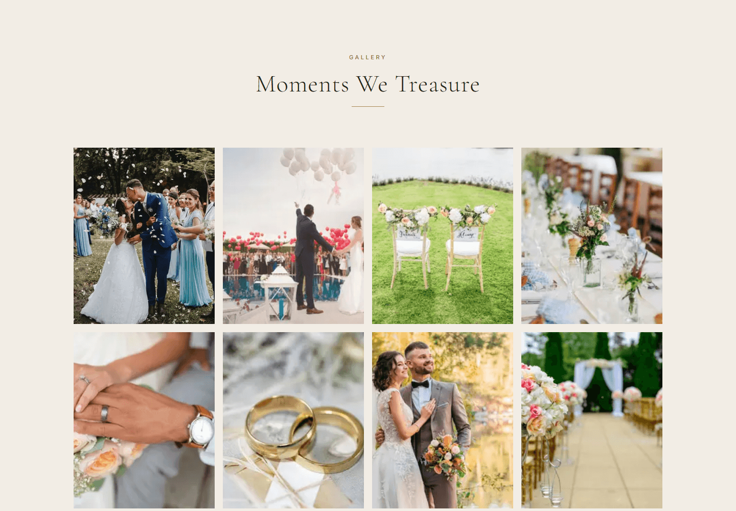 The gallery — a grid of the couple's photographs with a lightbox