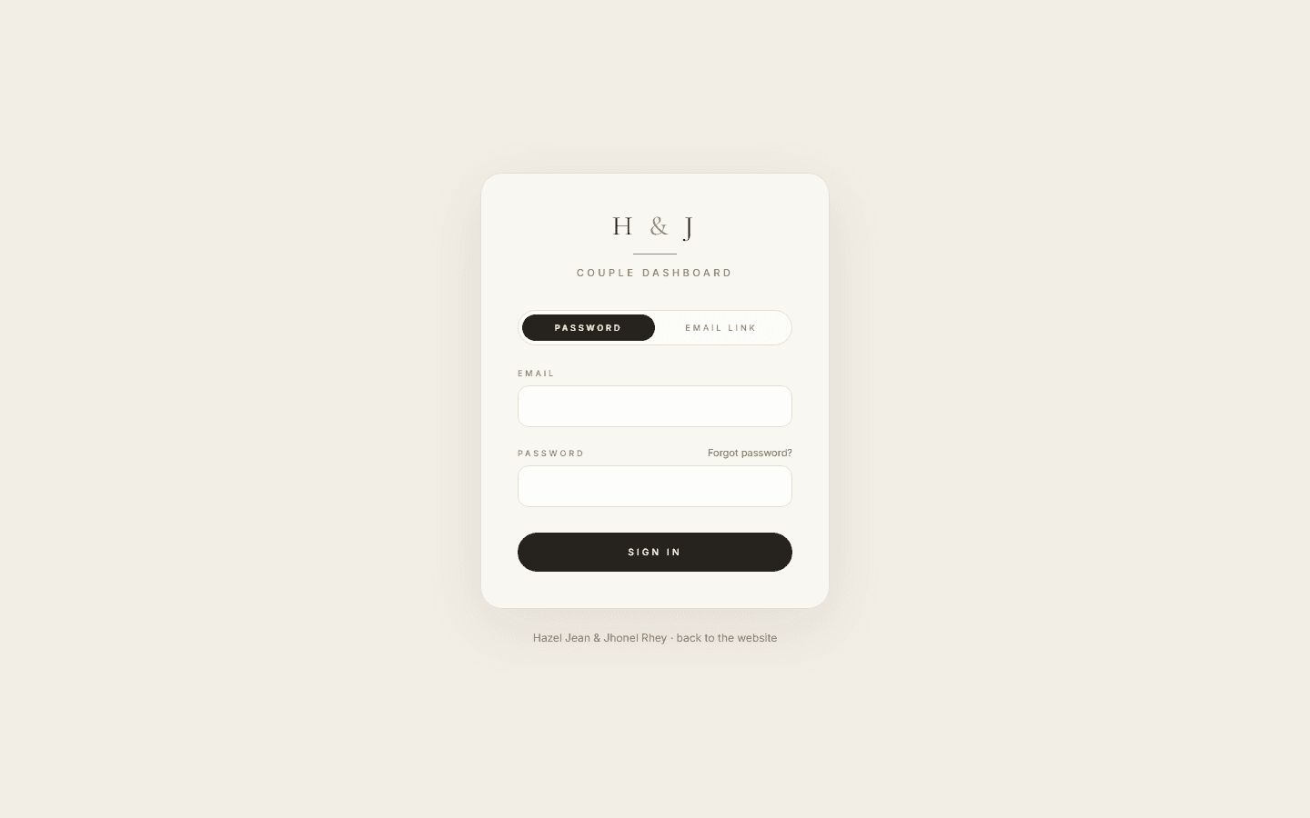 The couple-dashboard sign-in — password and email-link tabs on an ivory card