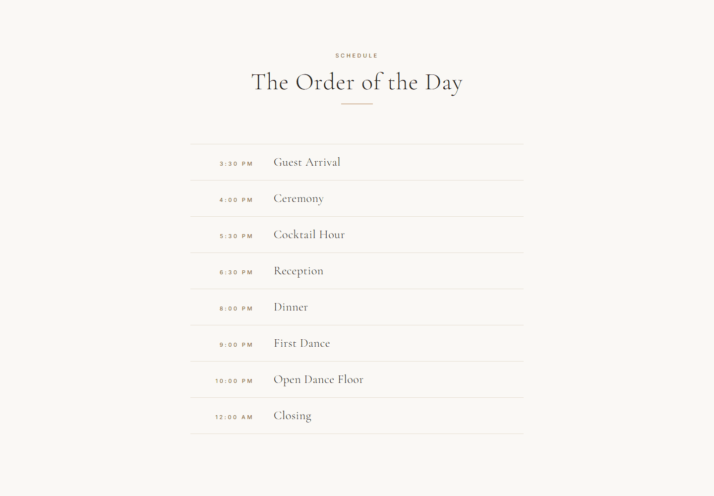 The wedding-day schedule — a timeline of the day's moments