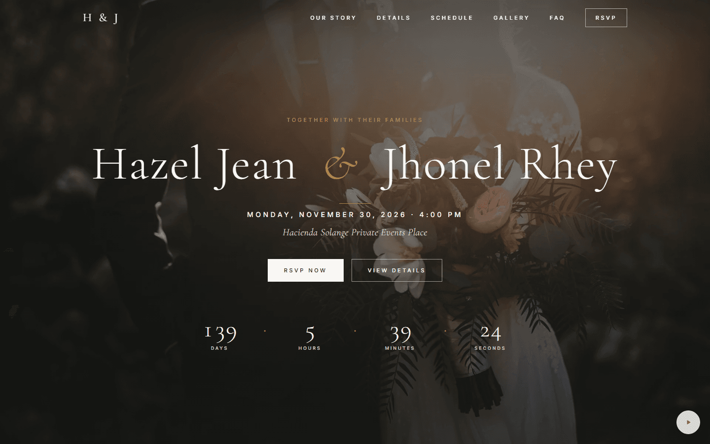 The Hazel & Jhonel wedding invitation — names, date, and countdown over a full-bleed photograph
