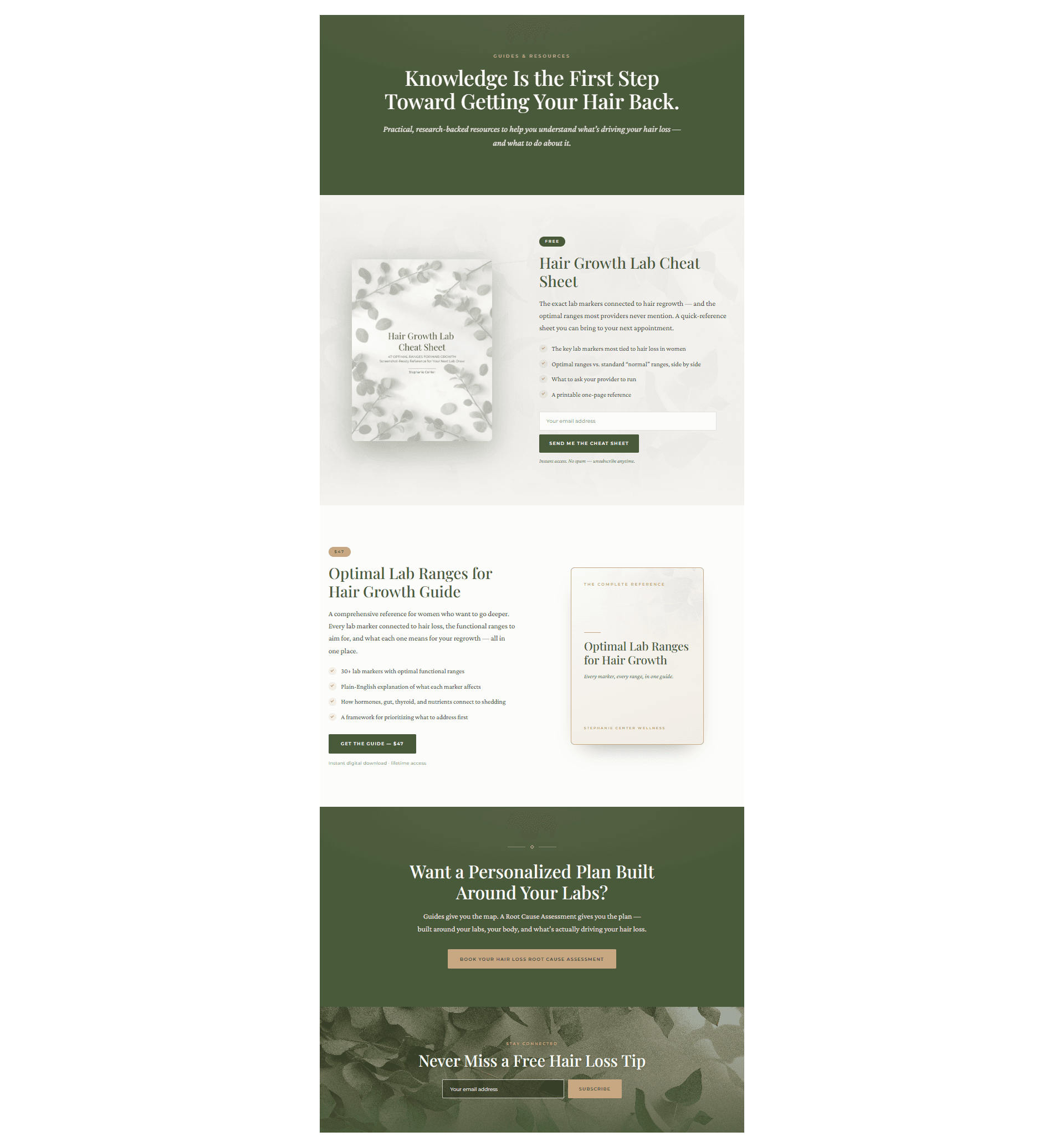 The guides and resources landing page — a free lab cheat sheet with email capture, a paid guide, and a root-cause assessment booking CTA