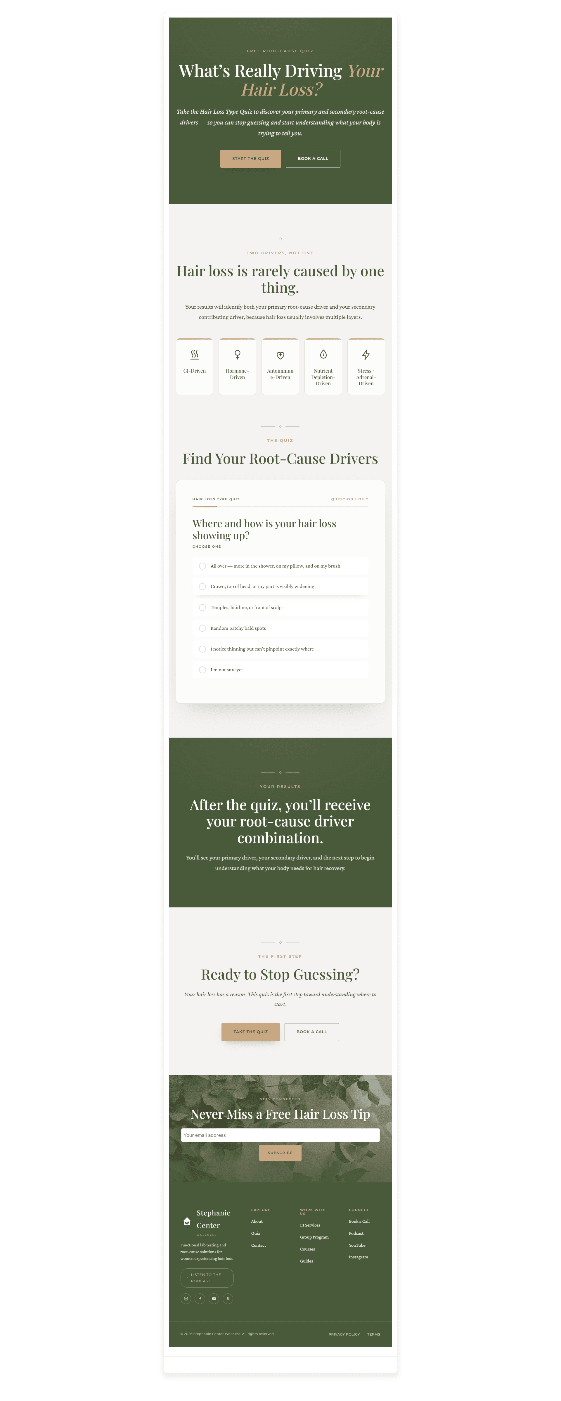 The Hair Loss Type Quiz funnel page, built in GoHighLevel — a nine-question quiz that returns a primary and secondary root-cause driver